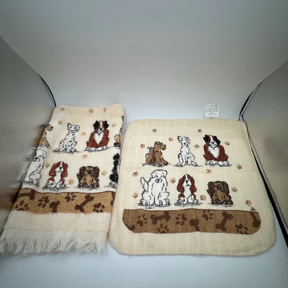 Vintage Cecil Saydah Puppy Dog Hand Towel Washcloth Set Cream Cotton 90s Decor